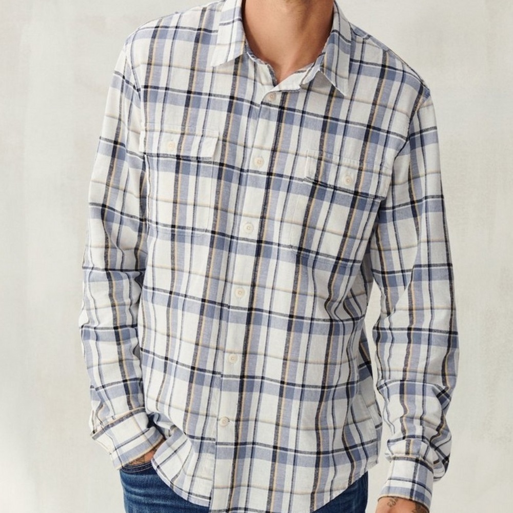Lucky Brand Mens Linen Blend Long Sleeve Humboldt Shirt Workwear Blue Plaid XL